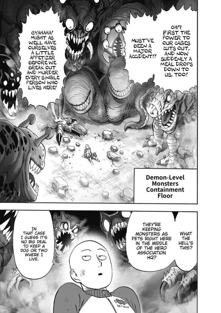 Saitama falls on the floor and discovers he is surrounded by Demon-level monsters preparing to devour him.