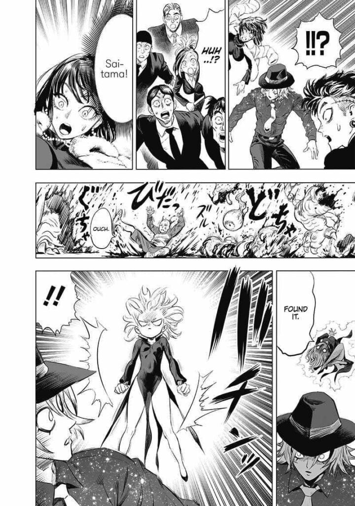 Fubuki sees Saitama lands down with the destroyed body. Tatsumaki starts powering up behind Tsukuyomi man.