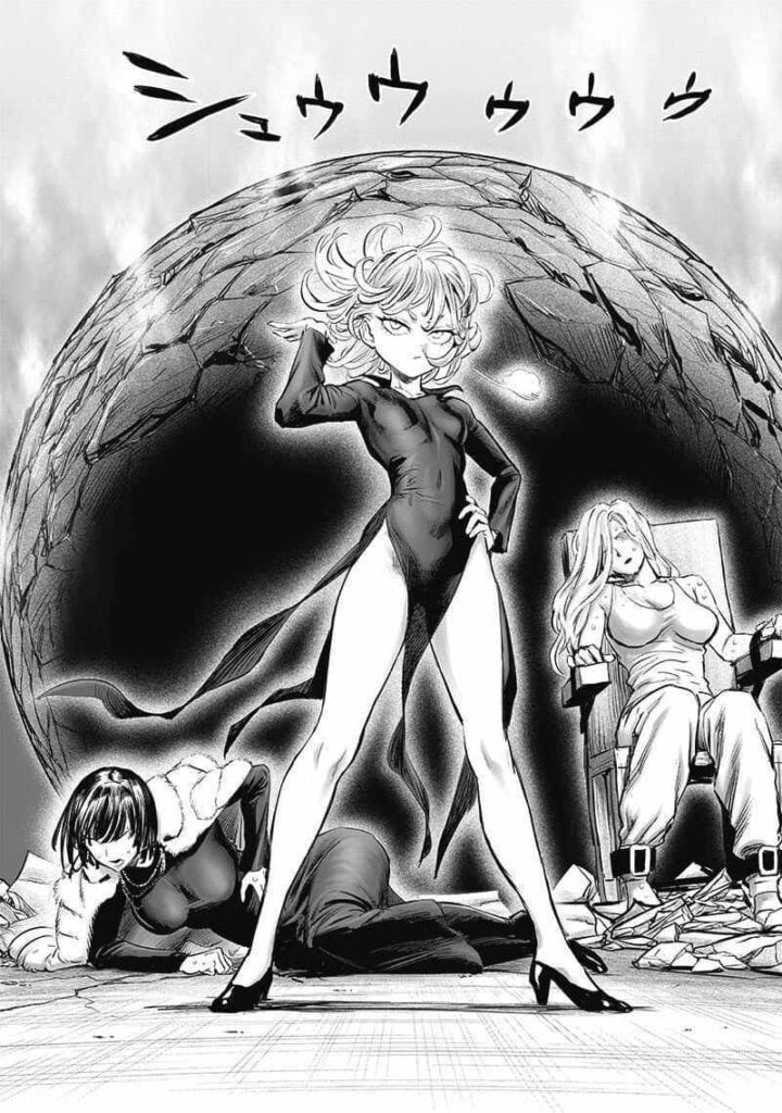 Tatsumaki stands with Fubuki on the floor, Psykos on the chair, and the prison ball of rock behind her.