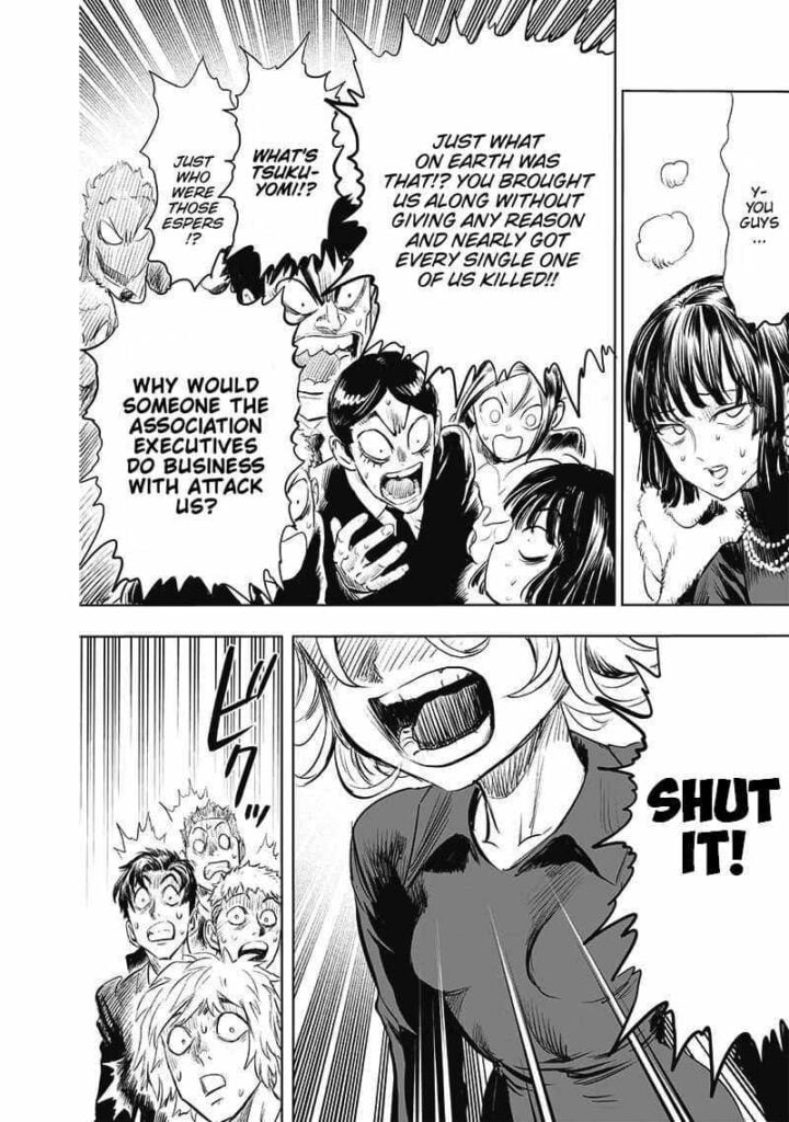 The members of the Blizzard group start asking questions to Fubuki. Tatsumaki tells them to shut up.