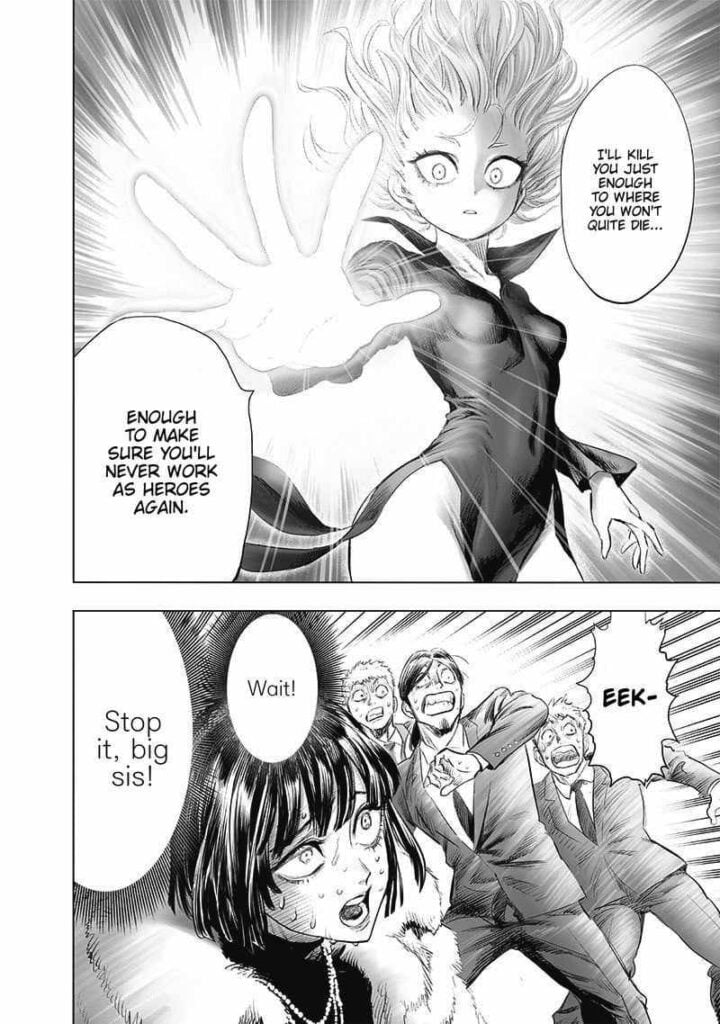 Tatsumaki raises her hand toward the Blizzard Group to injure them so they can never work as heroes again.