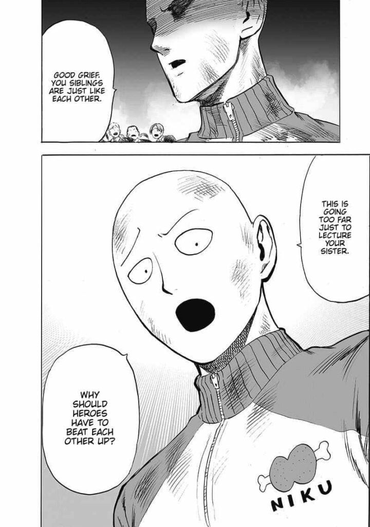 Saitama says she is going too far to lecture her sister.