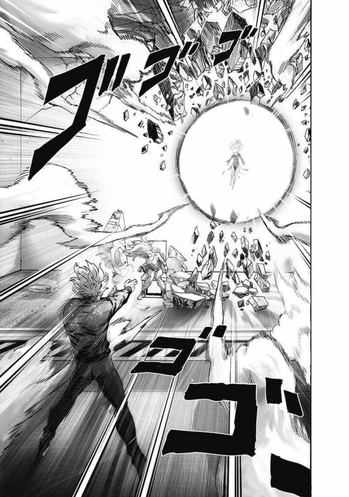 Tsukuyomi man attacks Tatsumaki, who is behind a powerful circular barrier. She hovers close by Psykos.