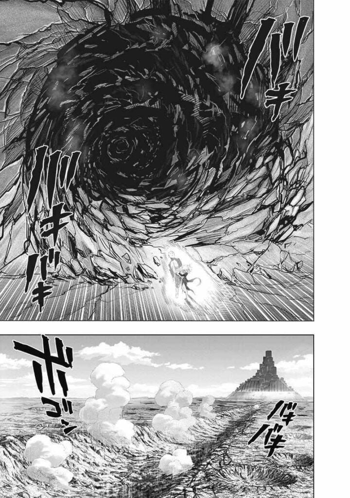 The wall behind Saitama creates a wall that leads far outside the H.A. Base as Tatsumaki attacks him.