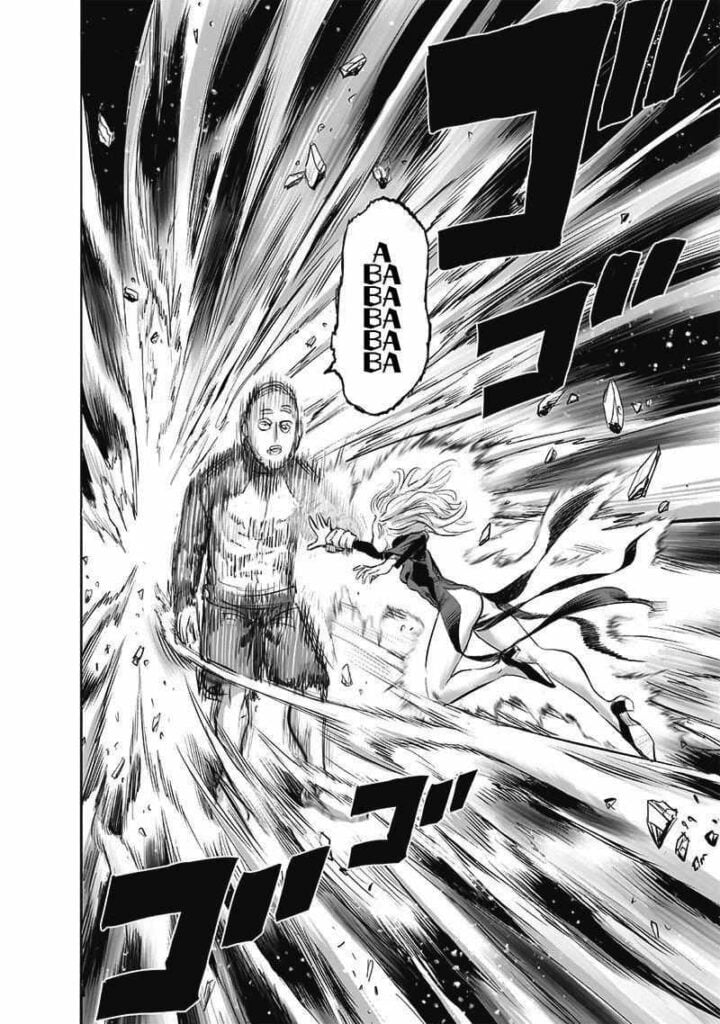 Tatsumaki keeps powering up her psychic as she attacks Saitama. Saitama keeps holding her arm.