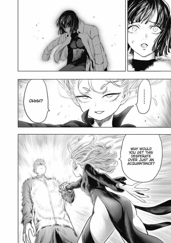 Fubuki watches Saitama. Tatsumaki powers up while asking why he's helping Fubuki if he's just an acquaintance.