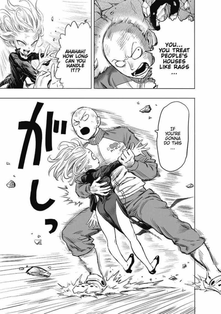 Saitama suddenly hugs Tatsuaki after noticing the building collapsing and breaking.