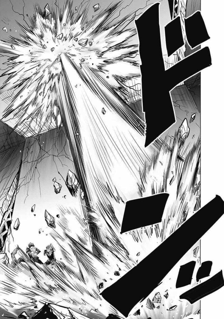 Saitama jumps and destroys a hole above them.