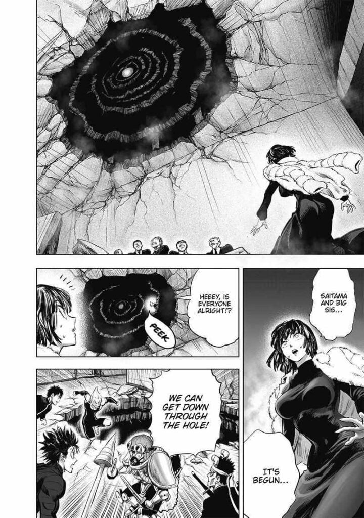 Tatsumaki looks at the huge hole in the ceiling. Some A-class heroes saw them from above the broken floor.