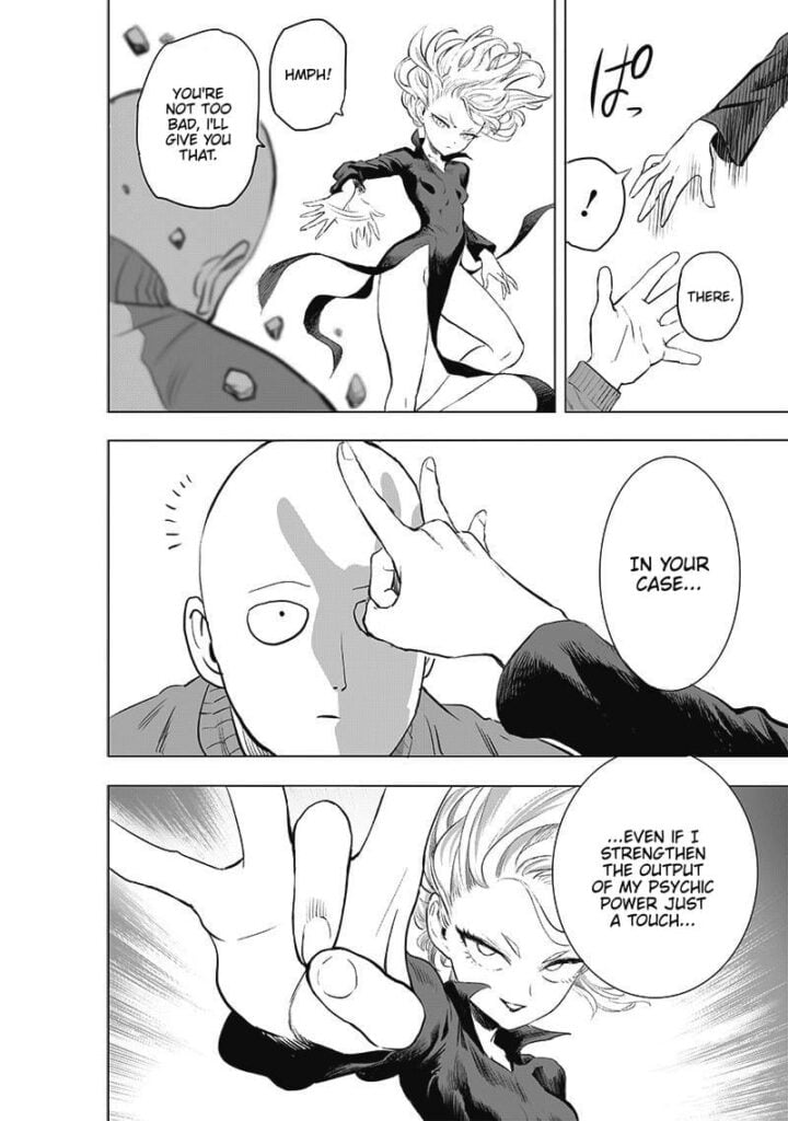 Saitama lets go of Tatsumaki's hand. Tatsumaki tries to flick Saitama's forehead.