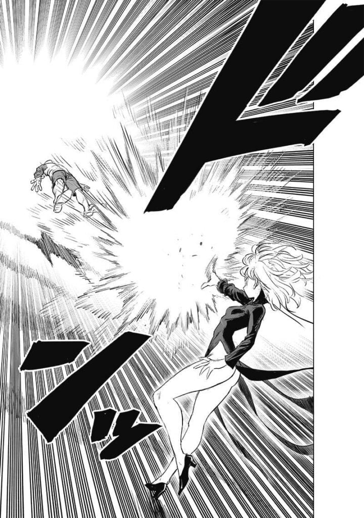 Saitama gets blown away after Tatsumaki flicks his forehead.