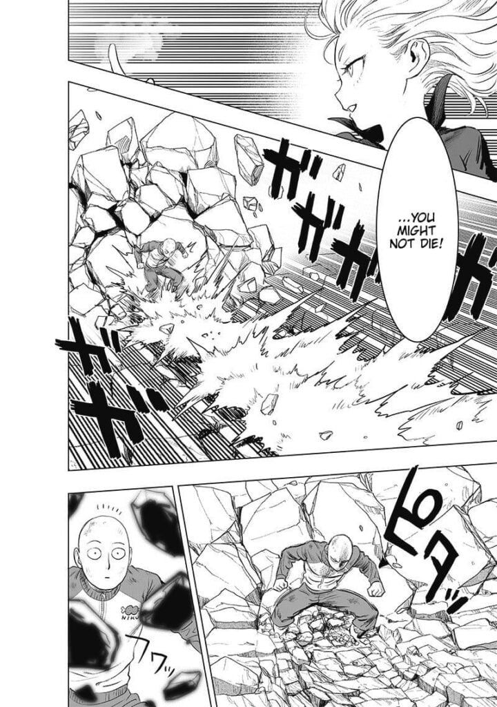 Saitama stops while accumulating huge rocks behind him. He notices the rocks start levitating.