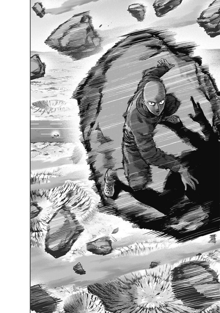 Saitama stands on a huge rock, looking serious.