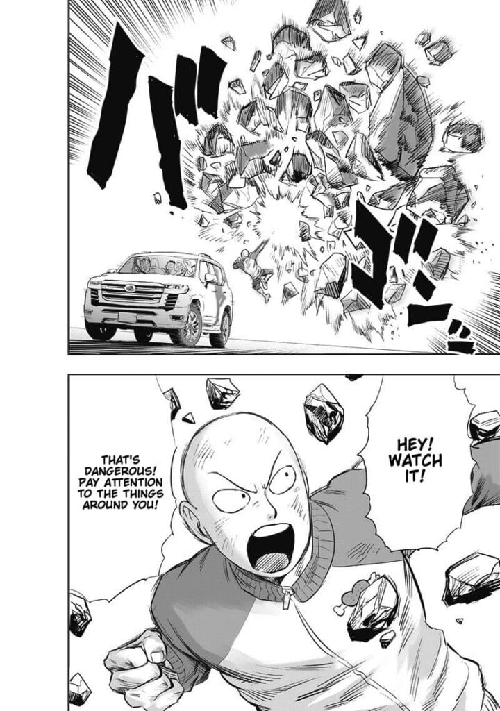 Saitama intercepts and breaks the rocks with his punch before it hits the family car.