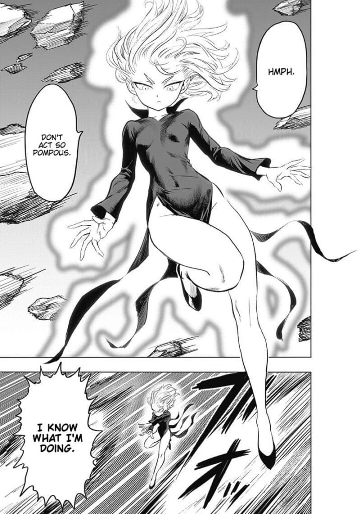 Tatsumaki hovers while glowing. She fires more rocks at Saitama,