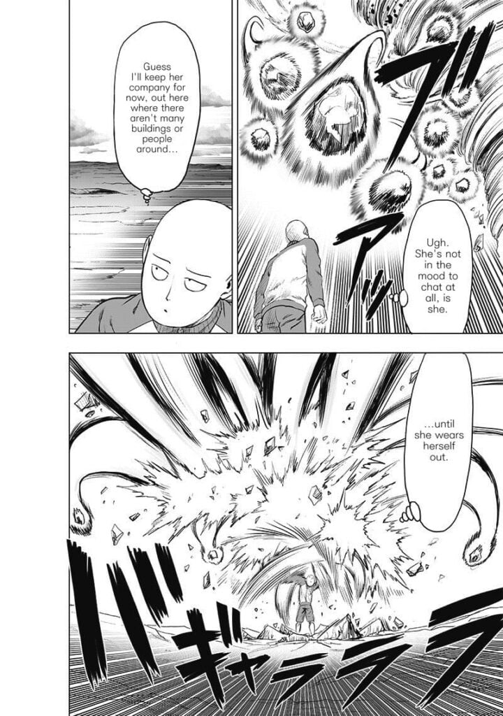 Saitama notices Tatsumaki is not listening. She punches, destroys, and deflects the huge rocks thrown at him.