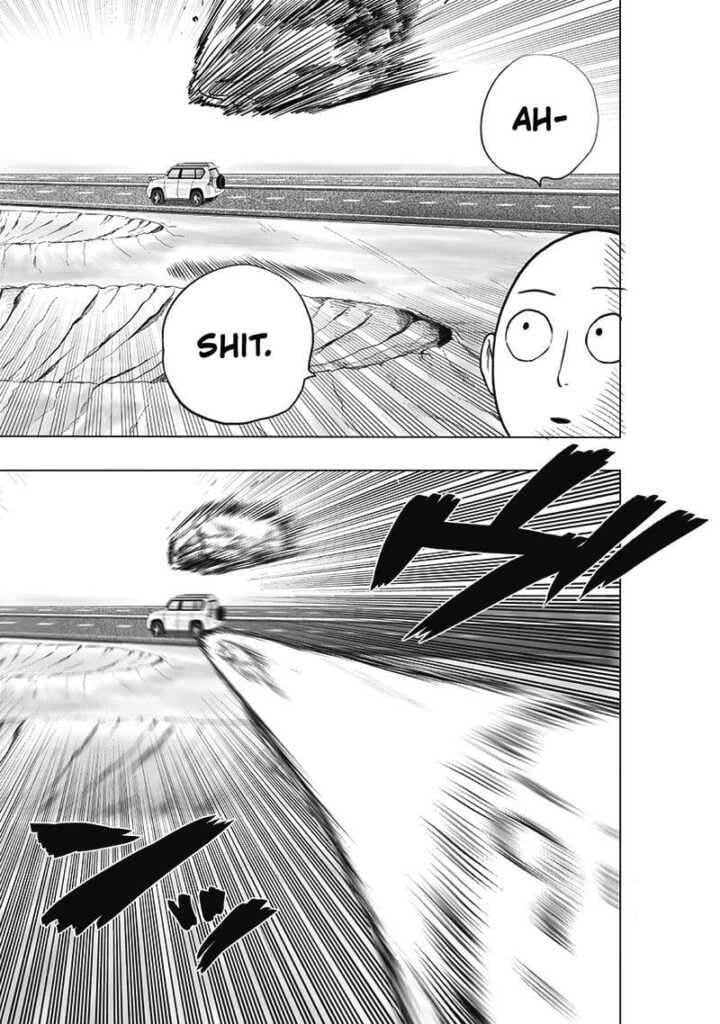 Saitama sees a huge rock about to hit the family car.