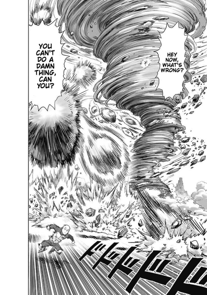 Saitama runs as Tatsumaki fires more rocks at him.