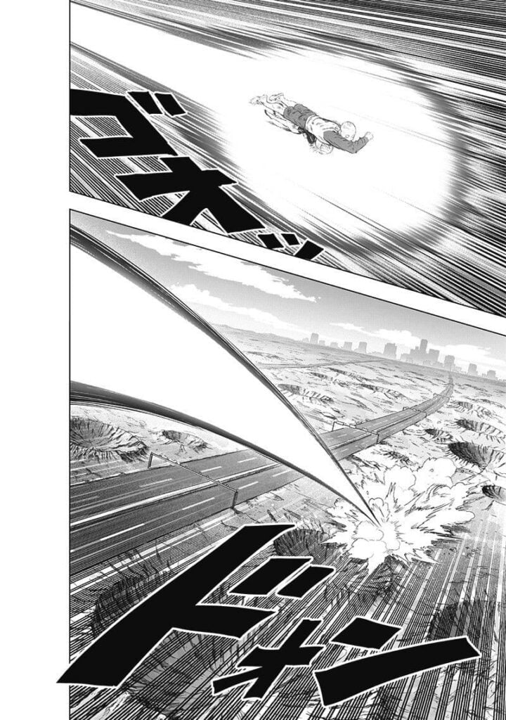 Saitama and Tatsumaki fly and crash near the road.