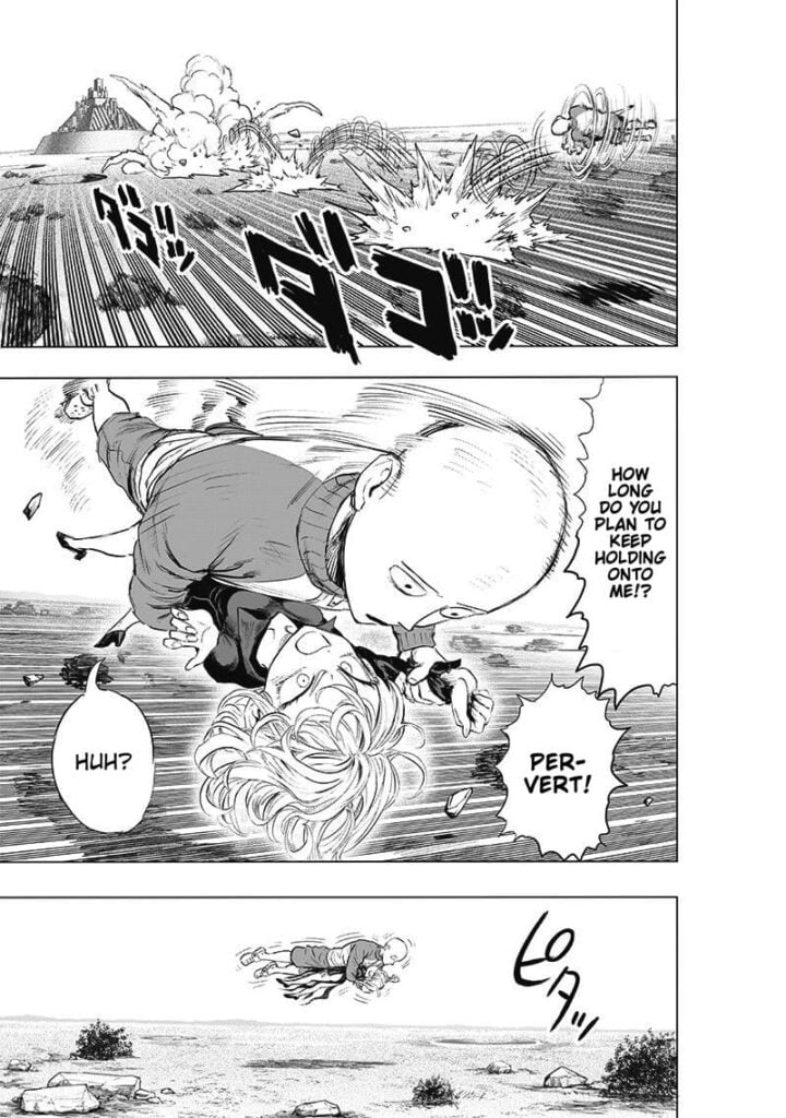 Saitama and Tatsumaki tumbles on the ground. Saitama keeps holding Tatsumaki's arm while hugging her body.