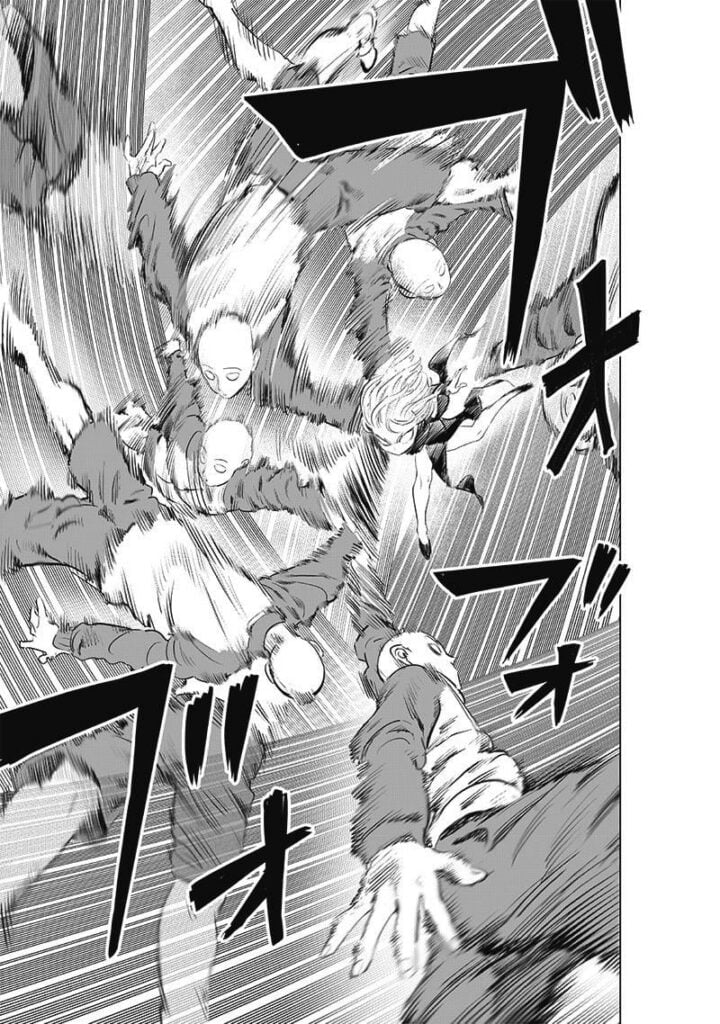 Tatsumaki tries to shake off Saitama, who is still holding her arm.