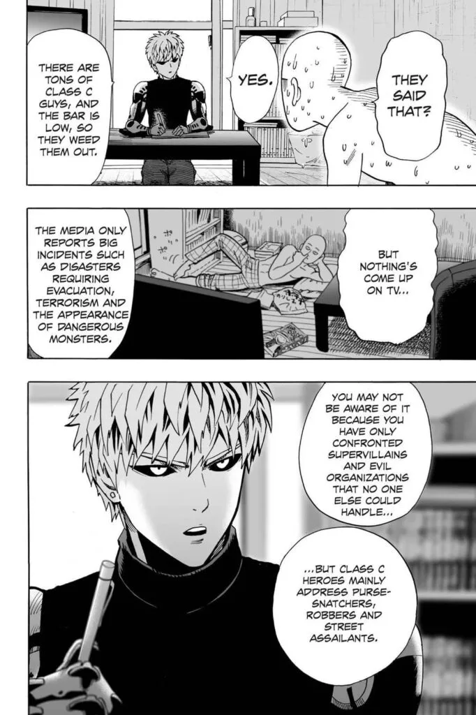 Genos explains that Class C heroes who are inactive for a week get weeded out while Saitama watches the TV.