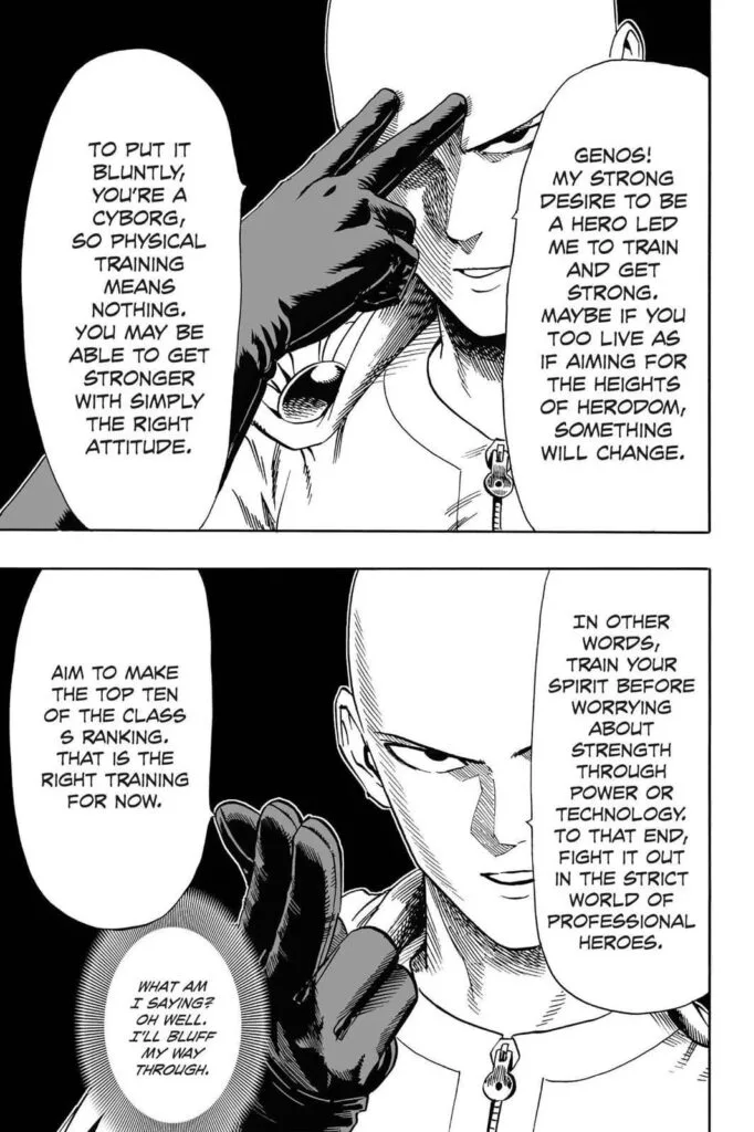 Saitama gives serious advice to Genos to aim at the top 10 of Class S heroes.