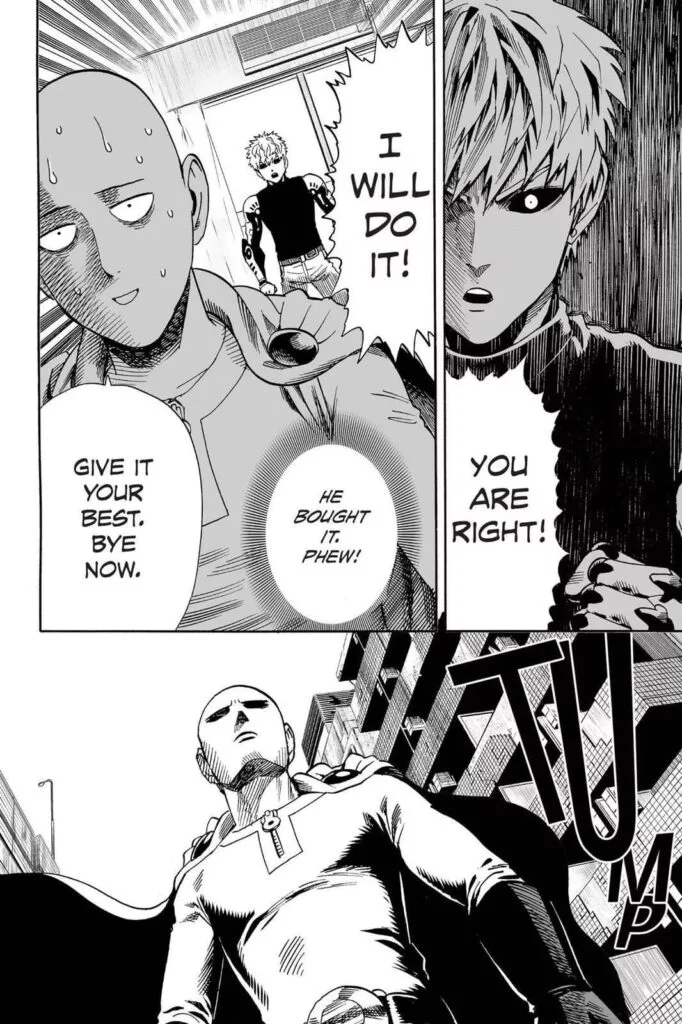 Genos agrees and Saitama seriously walks on the streets.