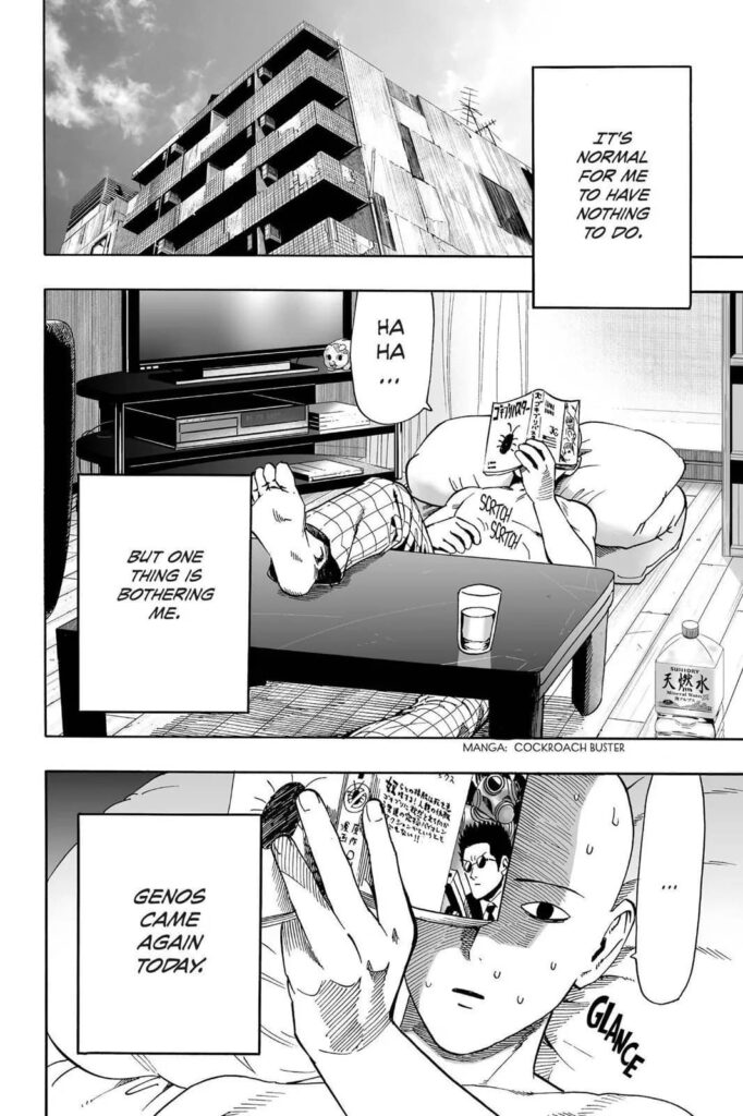 Saitama reading a manga titled Cockroach Buster lying inside his apartment while sweating.