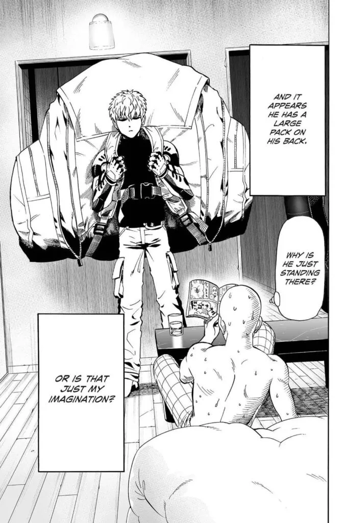 Saitama half-naked and sweating while Genus stands in front of him with a huge backpack.