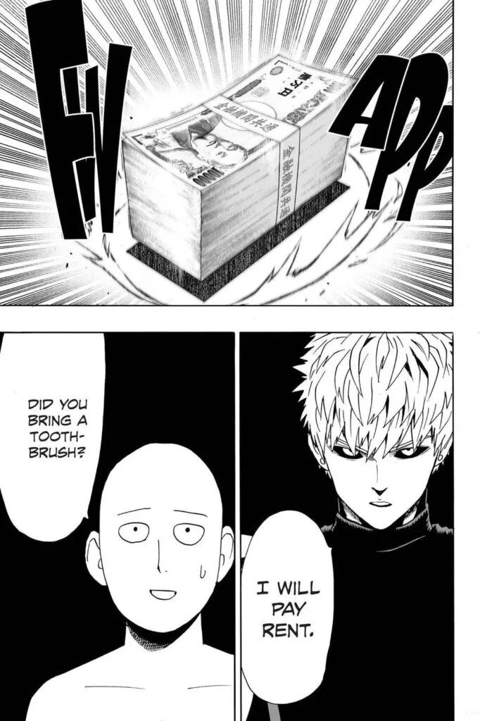 Genos drops a fat cash for his rent and Saitama immediately agrees with a happy face.