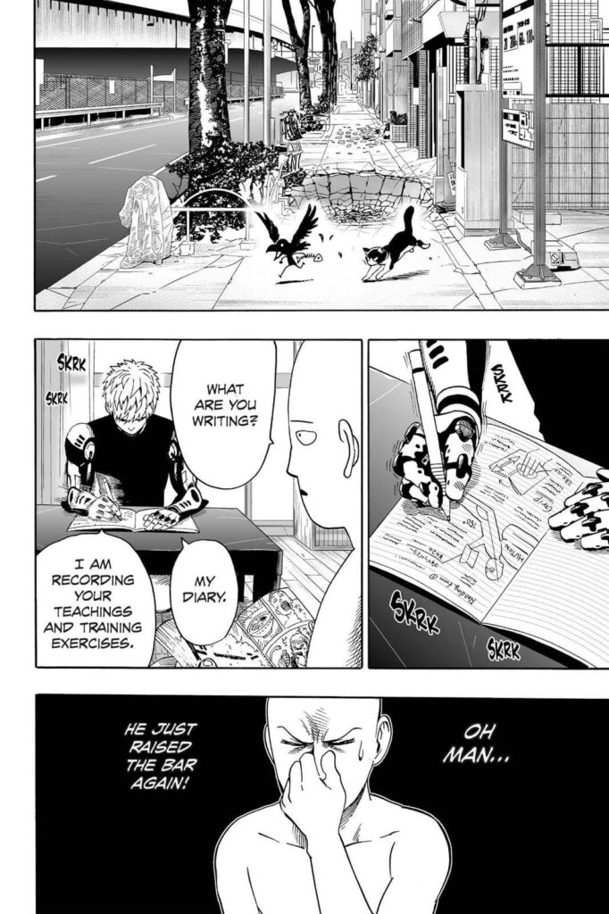 Genos writes on his diary recording Saitama's training and exercises which is just only his daily living routine.