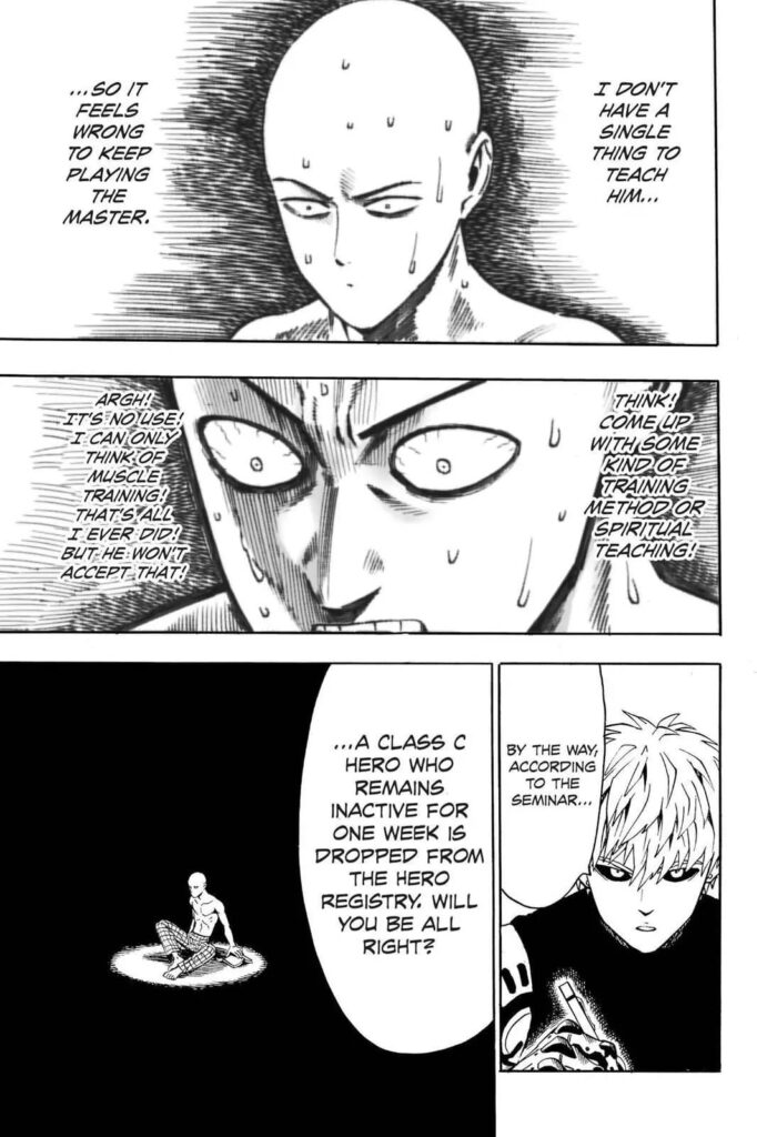 Saitama getting stressed and frustrated thinking of things he needs to teach Genos with.