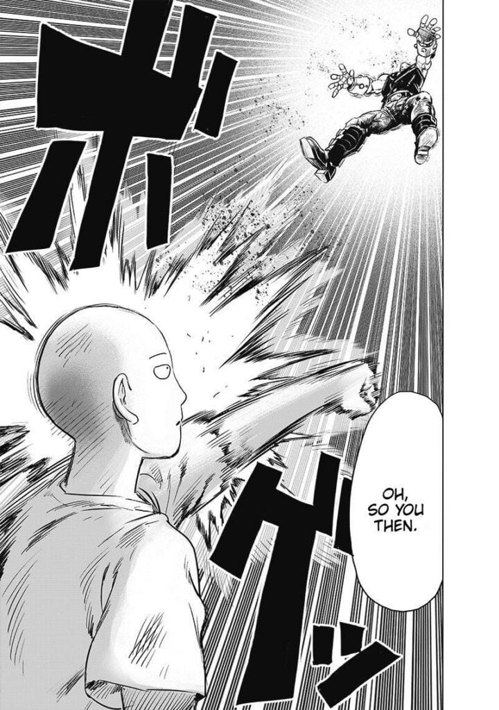 Saitama sends Big Iron flying after punching him.