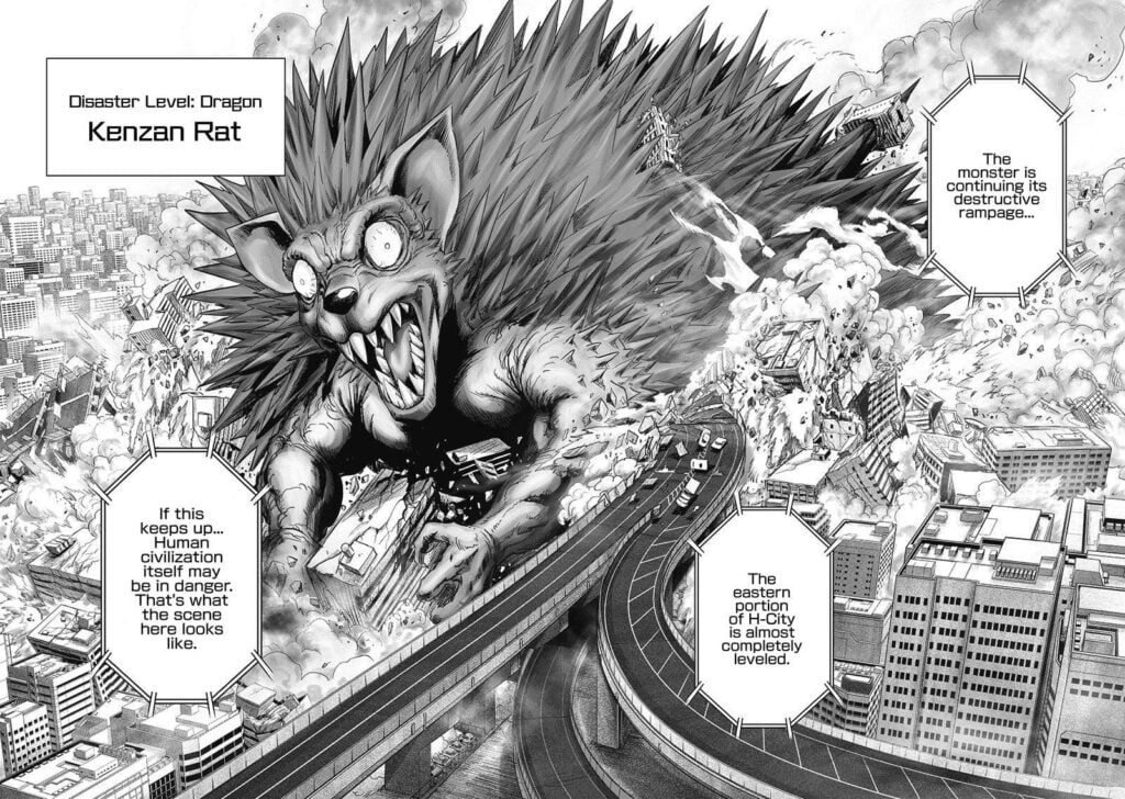 A huge monster named Disaster Level Dragon Kenzan Rat appears with a muscular body and spiky fur and is destroying the city.