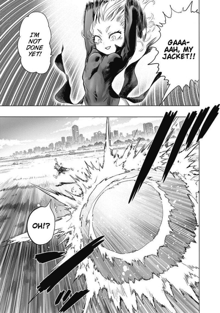 Saitama gets blown away after Tatsumaki blasts him with psychic energy.