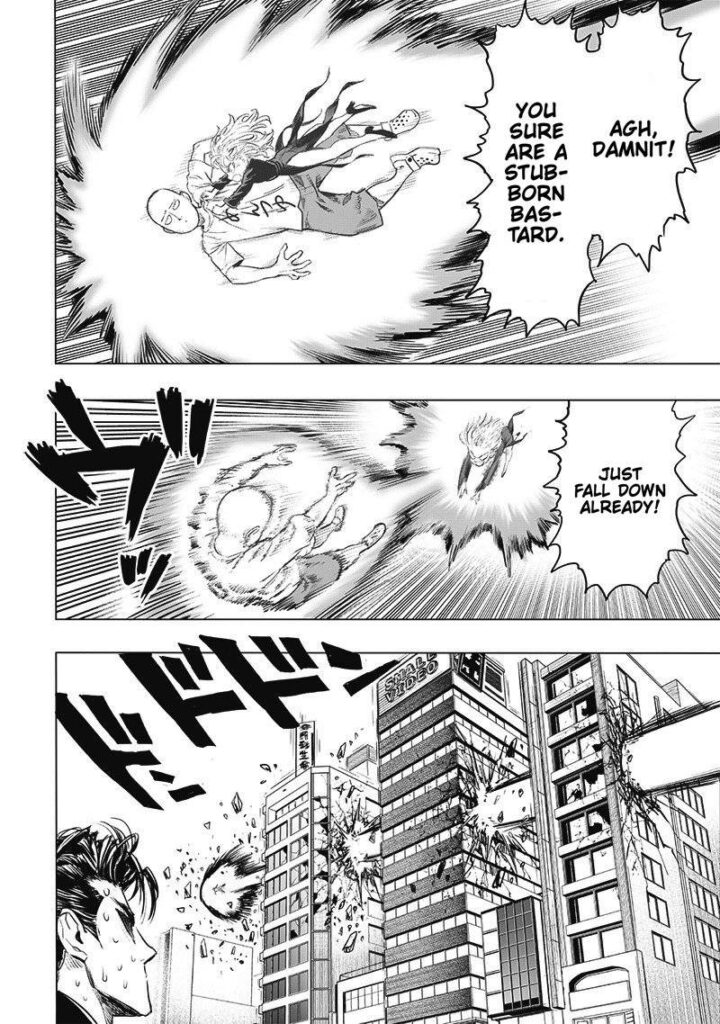 Metal Bat sees Tatsumaki beating Saitama up. They crash through multiple buildings.