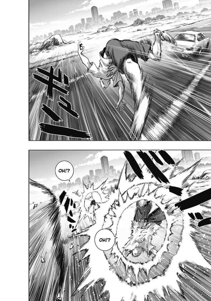 Saitama flips, tumbles, and bounces across the road, hitting the rocks.