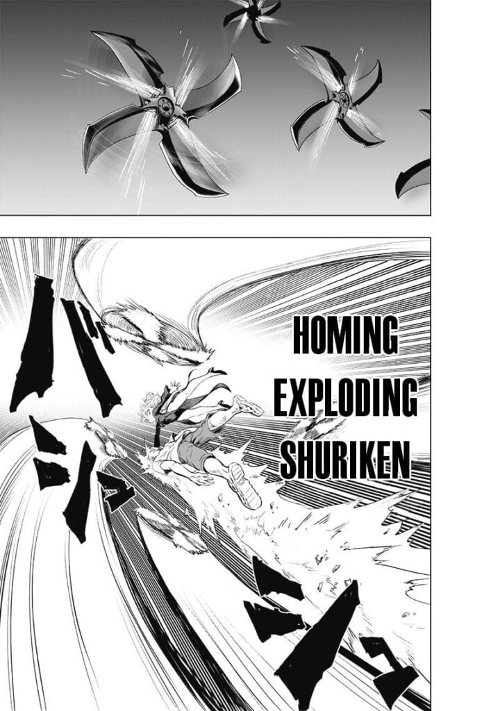 Sonic's "Homing Exploding Shuriken" attack follows Saitama and Tatsumaki.