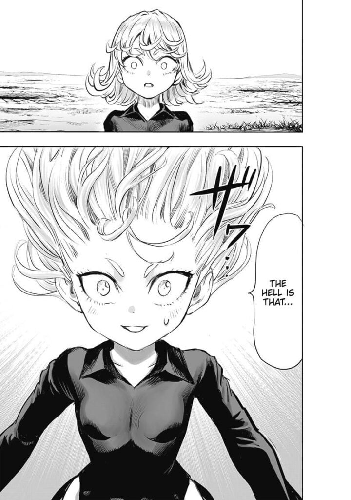 Tatsumaki stands a bit shocked. Her hair suddenly moves upwards as she powers up.