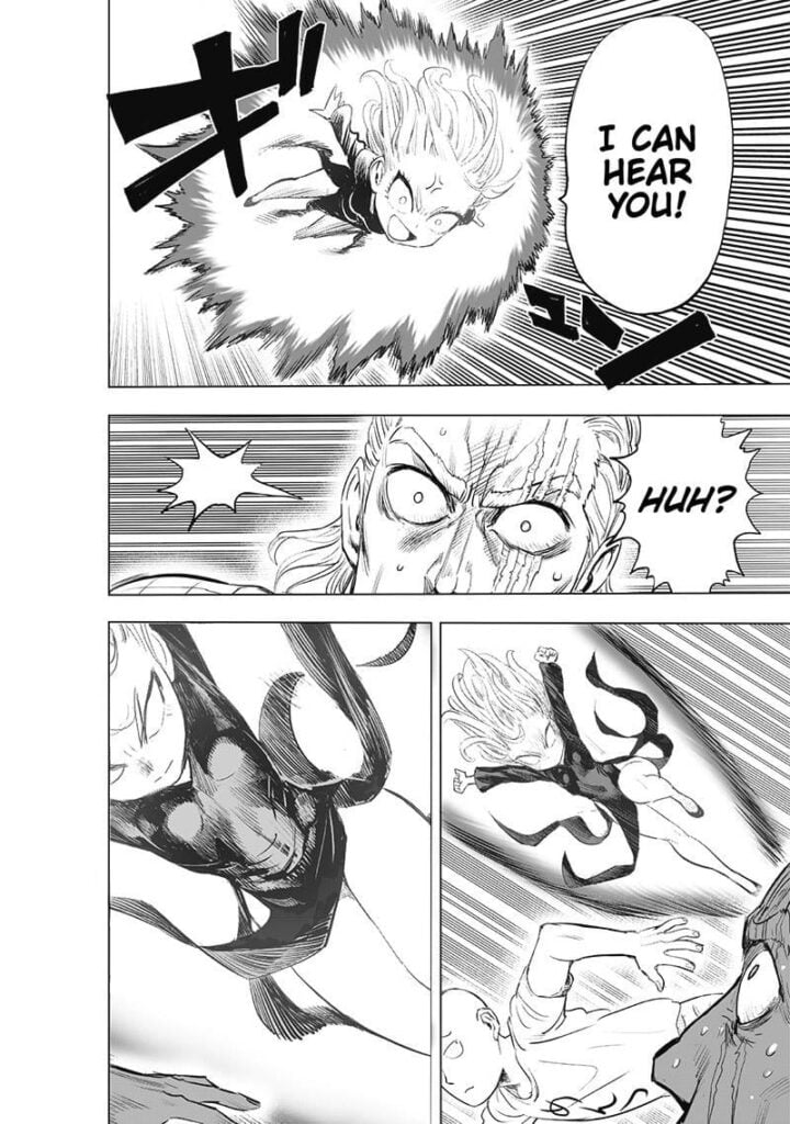 Tatsumaki suddenly appears flying and sees Tatsumaki kicking Saitama. Saitama dodges.