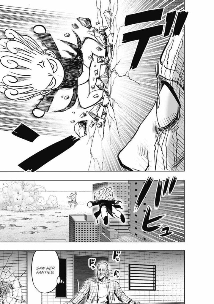 Tatsumaki lands on the wall and jumps back up, chasing Saitama. King saw her panties.