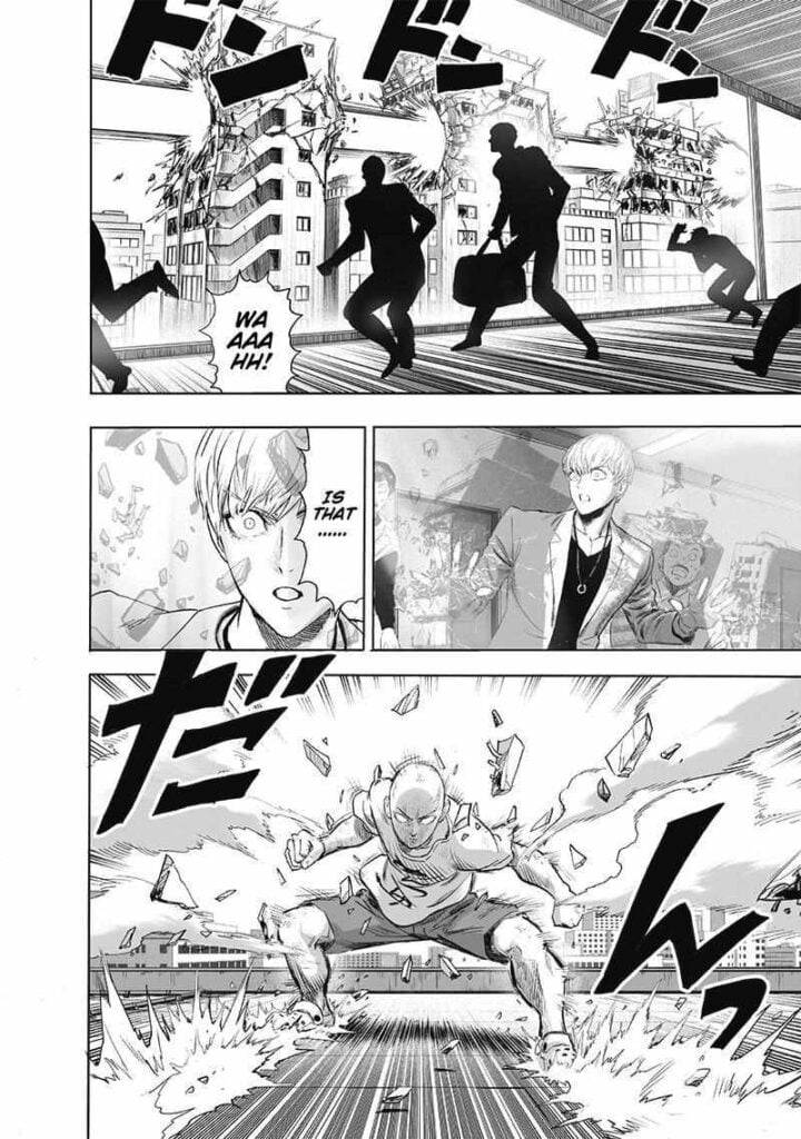 Sweet Mask witnesses the buildings in front of them getting destroyed. He sees Tatsumaki attacking Saitama.