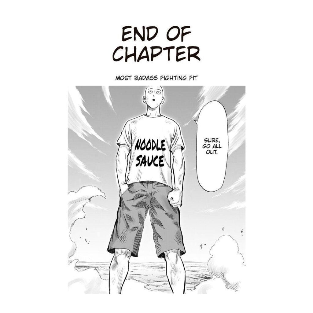 End of Chapter showing Saitama standing wearing tshirt with print saying "Noodle Sauce."