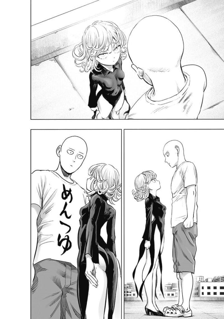 Saitama and Tatsumaki stand very closely face to face. Saitama is taller than Tatsumaki.