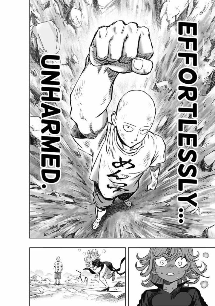 Saitama is effortlessly unharmed after punching the ground tsunami. Tatsumaki looks shocked while landing before Saitama.