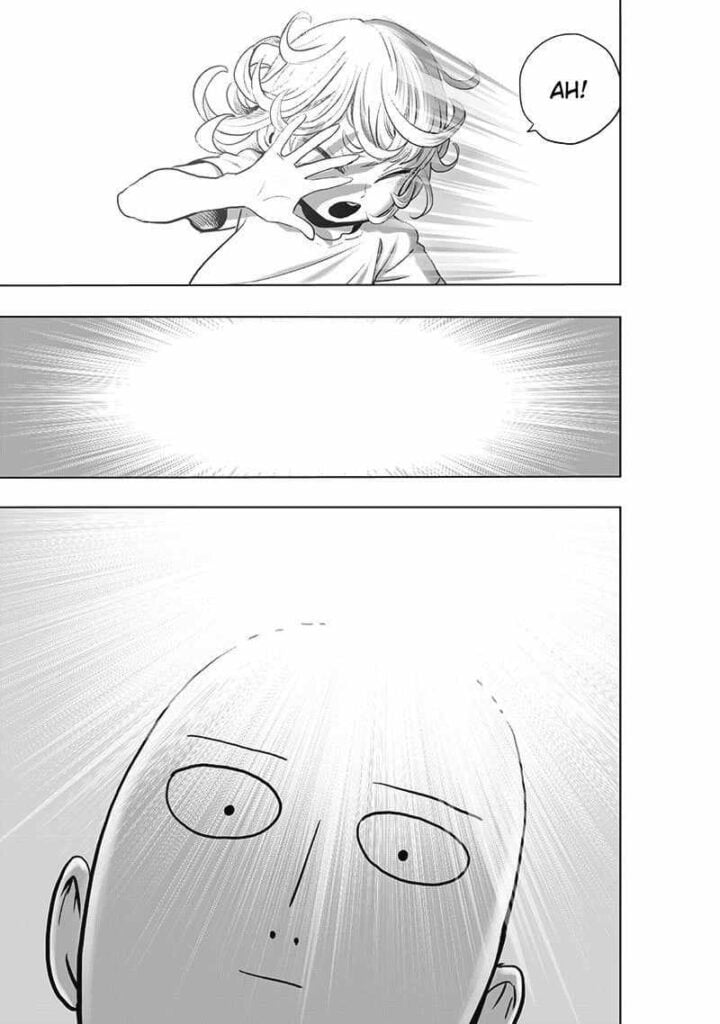 Young Tatsumaki is blinded by a strong light. Saitama's iconic bald, emotionless face appears.