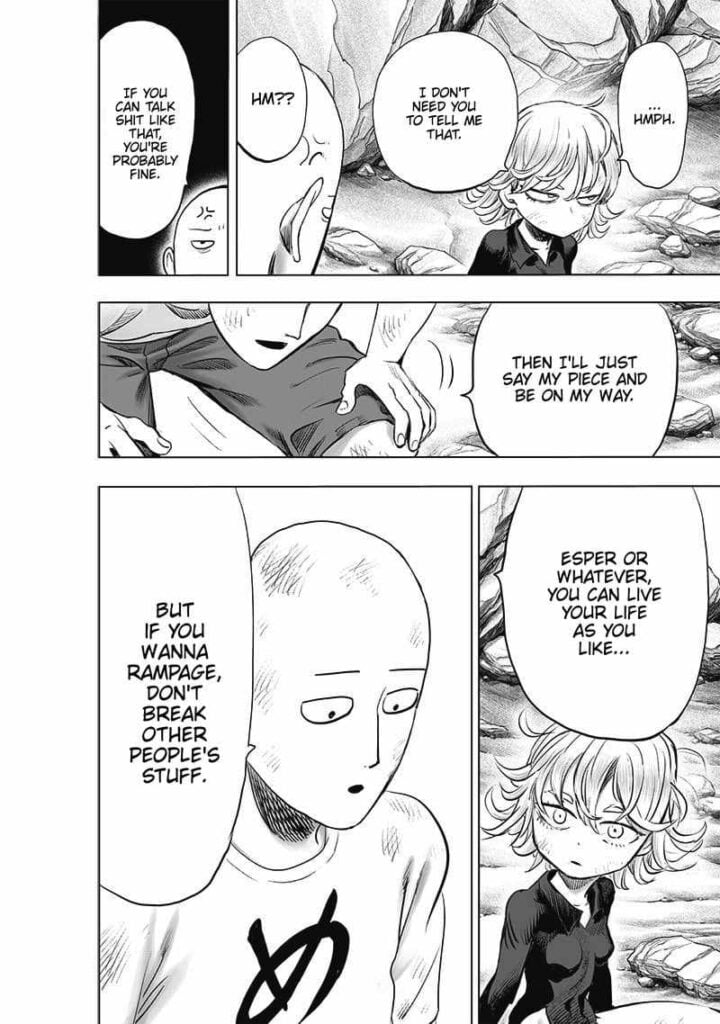 Saitama stands up and tells Tatsumaki she can live her life as she likes as long as she won't break other people's stuff.