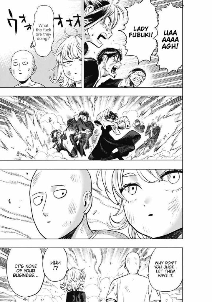 Saitama tells Tatsumaki to leave them be as they watch Fubuki attack the Blizzard Group members.