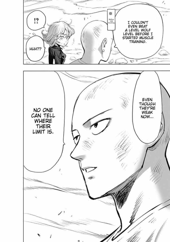 Saitama shares that he can't even beat a level wolf monster before, and no one can tell where their limit is.